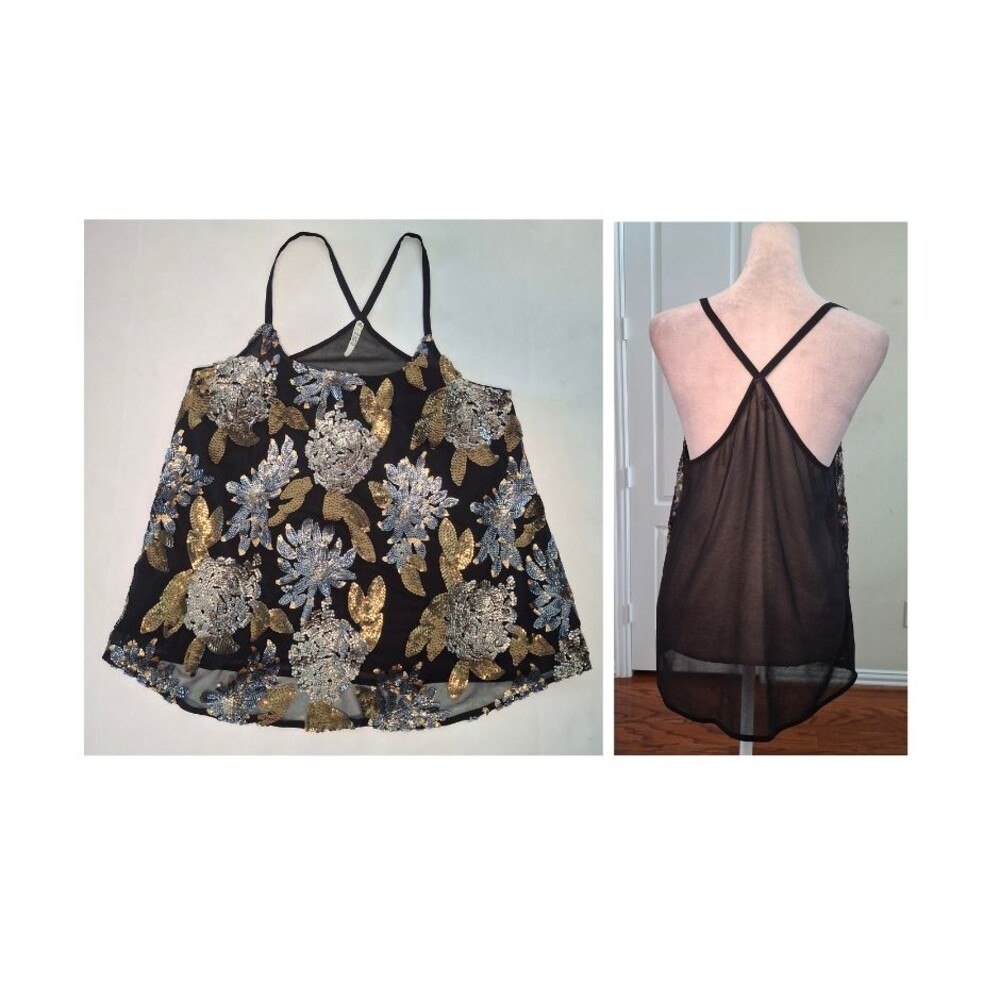 BB Dakota Floral Sequin Razorback Sheer Cami Top Black Gold Women M Babydoll